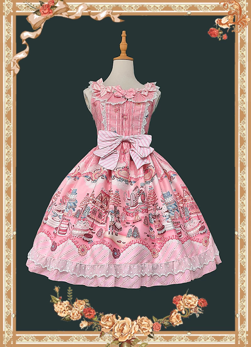 Candy House - Old School Lolita Cake Print JSK Dress, Side Zipper Pink JSK Only S