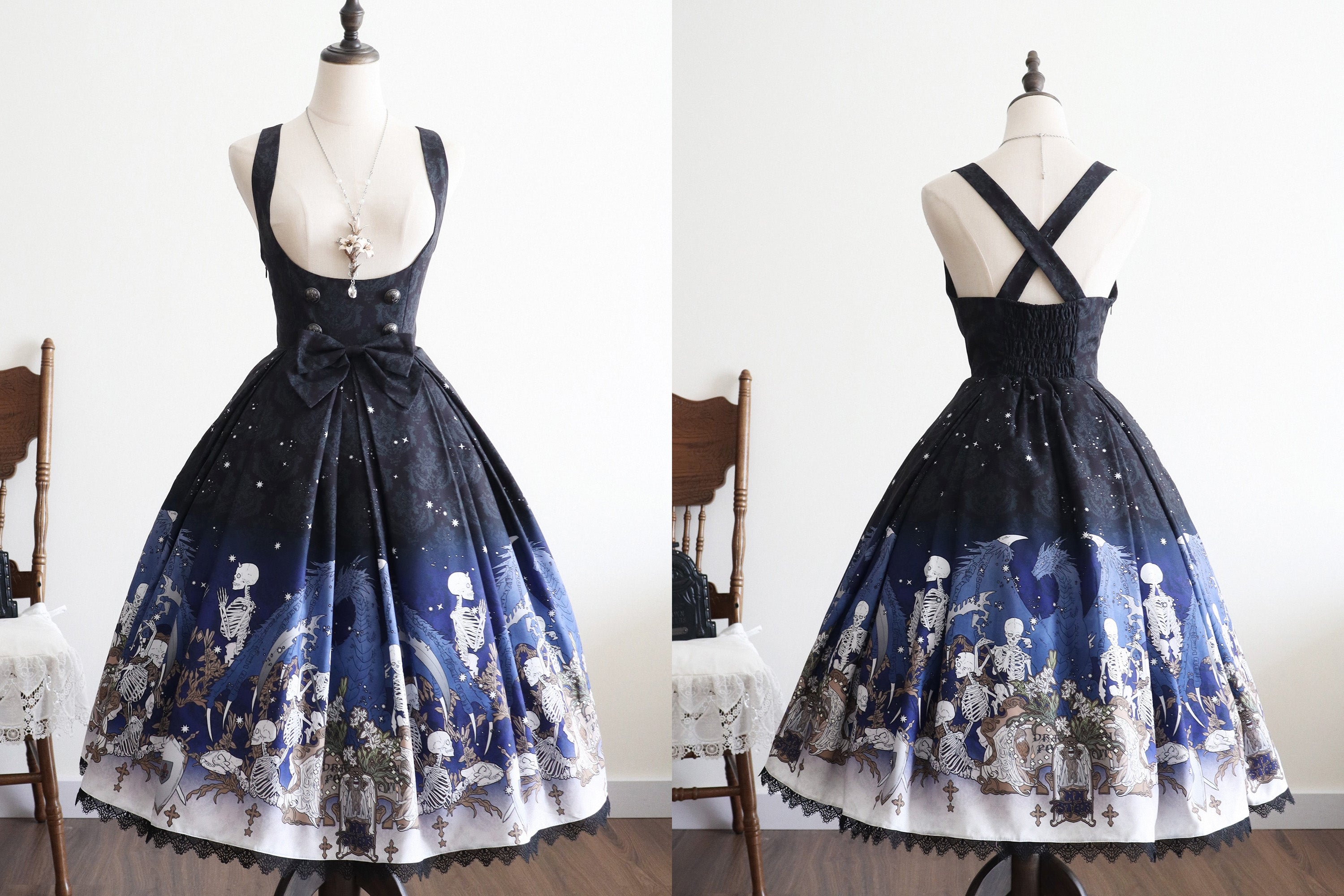 Nn Star - Dragonbone Lily - Dragon Skeleton Print Gothic Lolita Bust-supporting JSK and BNT 42664:748603
