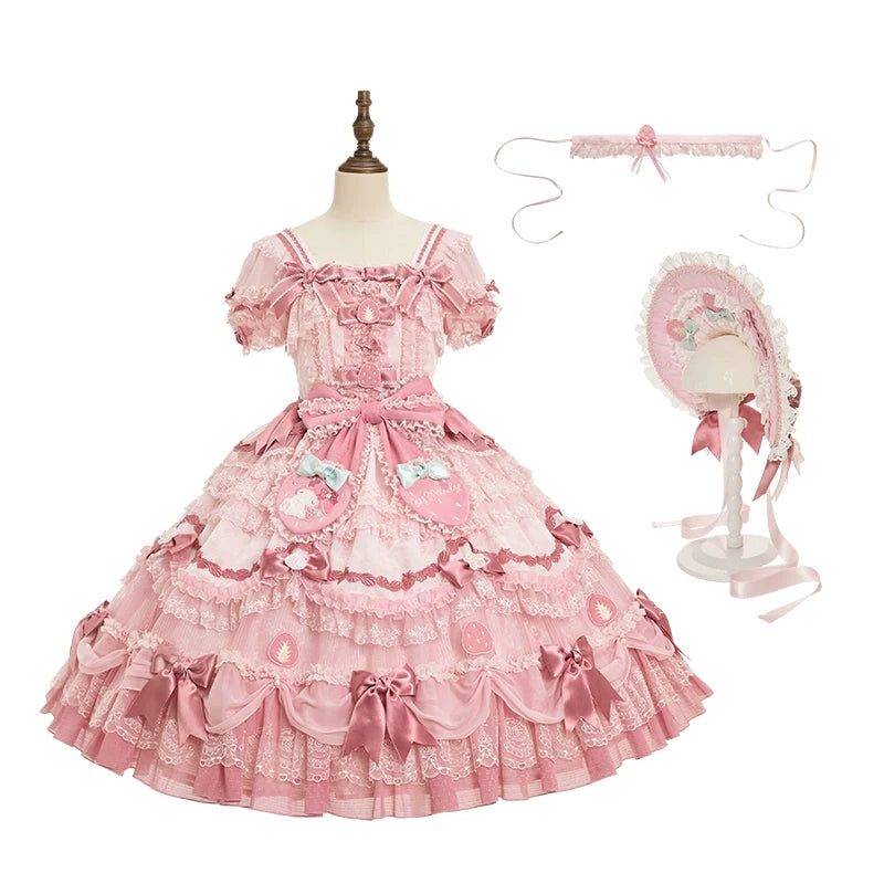 IP Collaboration Sweet Lolita Dress, Gorgeous OP & Slim JSK Pink - Gorgeous OP (with choker) + BNT XS
