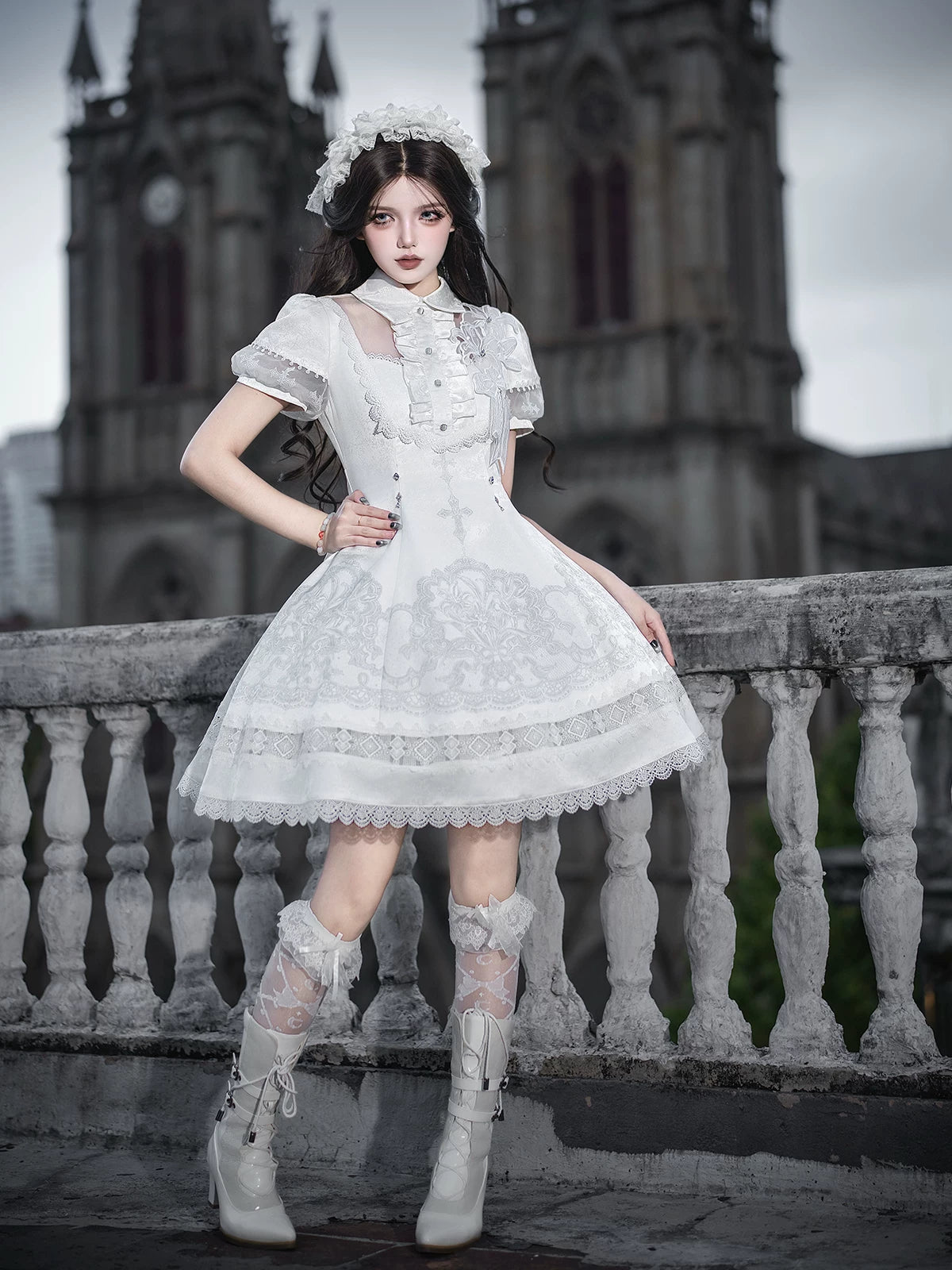 White Classic Lolita Printed OP Dress with Cross