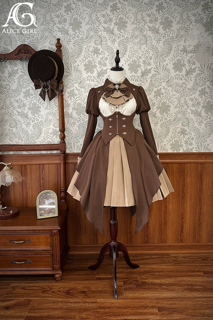 (BFM)Alice Girl~Two-Piece Lolita Dress~Detective Butler Blazer Long Sleeve OP XS Coffee (jacket + short OP dress) 