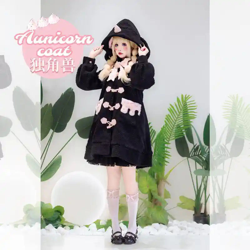 Forest Fluorescent Carps - Sweet Lolita Winter Coat Unicorn and Rabbit Ear Coat Black Small Horn Coat Only S In stock