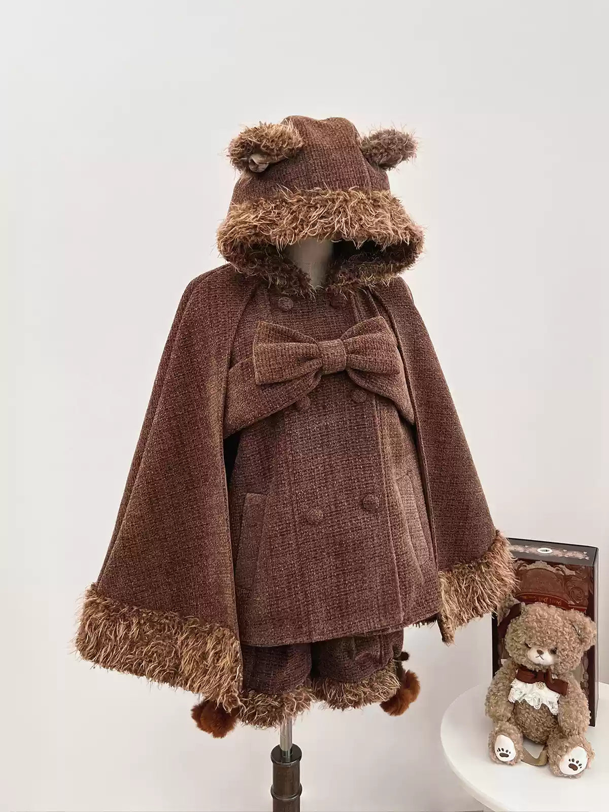 Tan Tuan - Rabbit & Bear - Winter Kawaii Lolita Cape and Shorts Brown Bear Ear Cape Only S