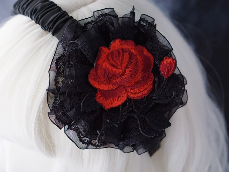 Strange Sugar~Gothic Lolita KC Black Wine Red Ruffled Bow Hair Accessories 36664:532590