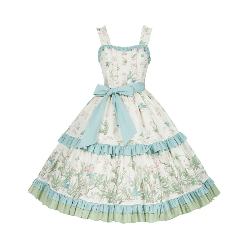 With PUJI - Oriole Time - Country Lolita JSK and OP Dress, Floral and Bird Print (L M S) 44048:794560