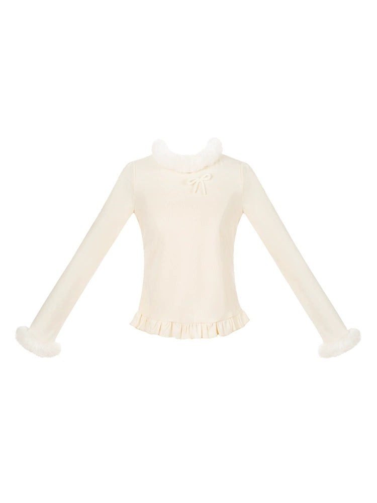 With PUJI - White Chocolate - Winter Elastic Lolita Top with Fuzzy Trims 44259:800865