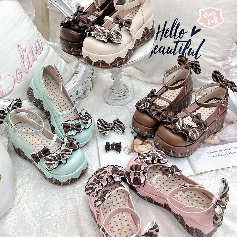 Sheep Puff~Chocolate Sponge Cake~Sweet Lolita Thick-Sole Shoes with Printed Platform 42507:742366