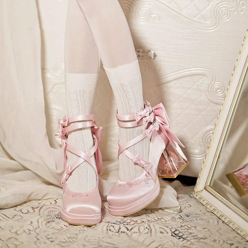 Panda Bear - Glass Floral House - Elegant Lolita Shoes,Transparent Heels with 3D Floral 44045:793511