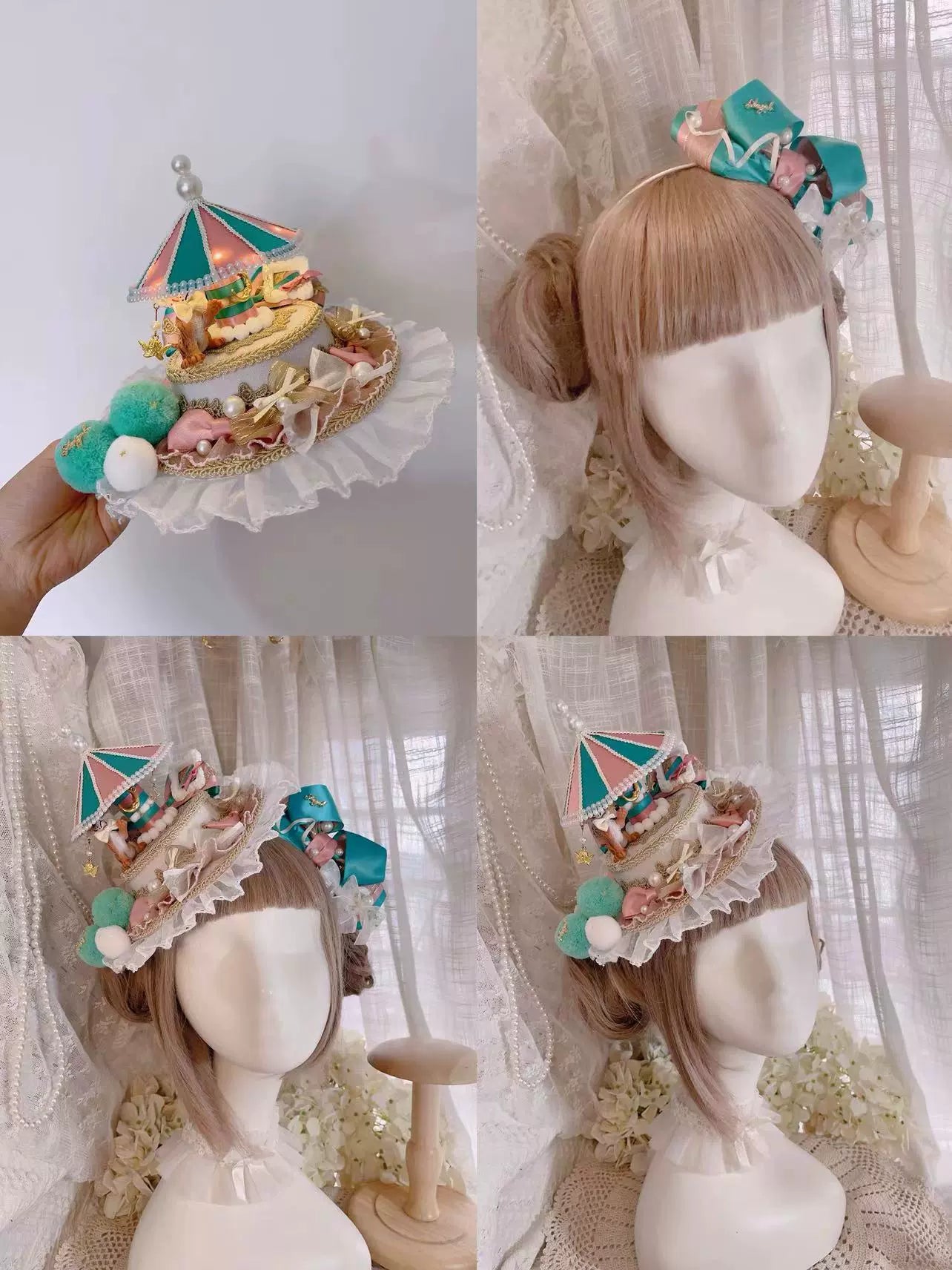 Cat Box - Night Party - Kawaii Lolita Small Top Hat KC Headdress Tiger pink green Hat + headband