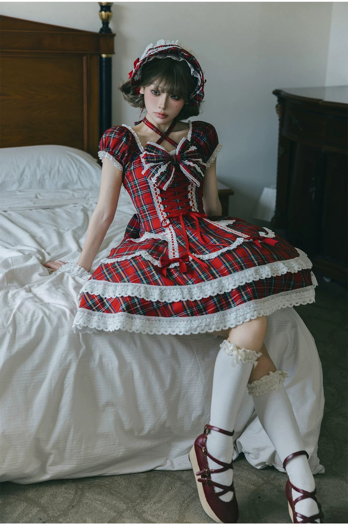 Showa Sweetheart - Old School Lolita OP Dress, Ruffled Lace Hem 45887:866790