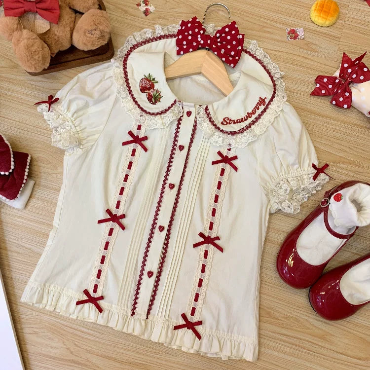 Velvet Strawberry - Sweet Lolita Salopette Dress, Bear & Strawberry Print Shirt Only S