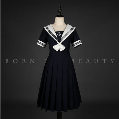 (Buyforme)Youpairui~Amatsukaze~JK Uniform Lolita Sailor Collar OP S navy blue dress white collar (without embroidery on hemline ) 