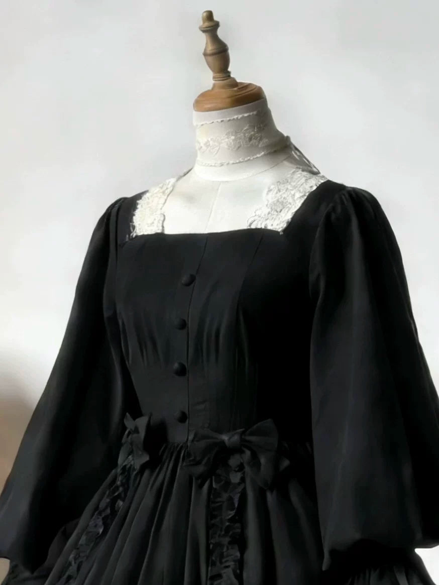 Moonlit Lily - Cotton Classic Lolita OP Dress, Lily Embroidery Black - OP (with 2 small waist bows + a lace choker) S