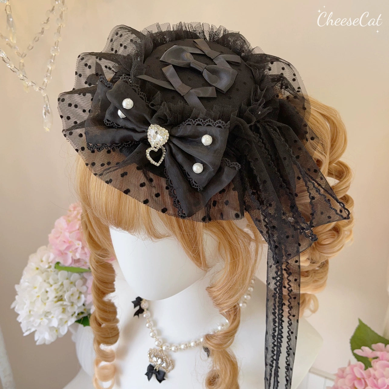CheeseCat - Handmade Gothic Lolita Hat Anthony Cake Bow Lolita Hearwear Black small top hat