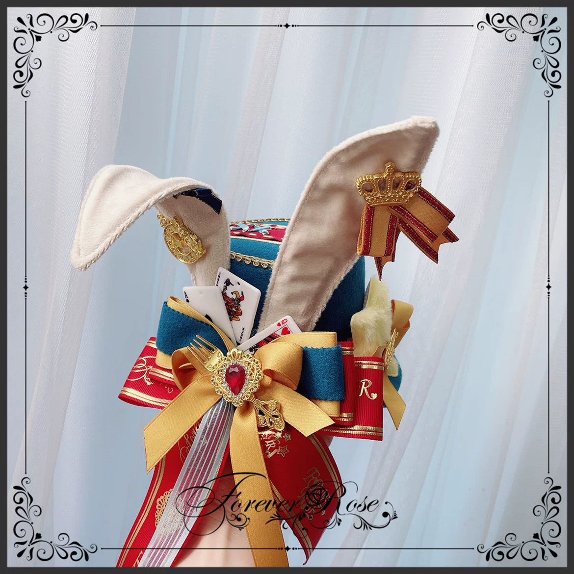 Circus-inspired Lolita Top Hat, Bunny Ear Blue-green - Small Top Hat (with fixed clips / pre order)