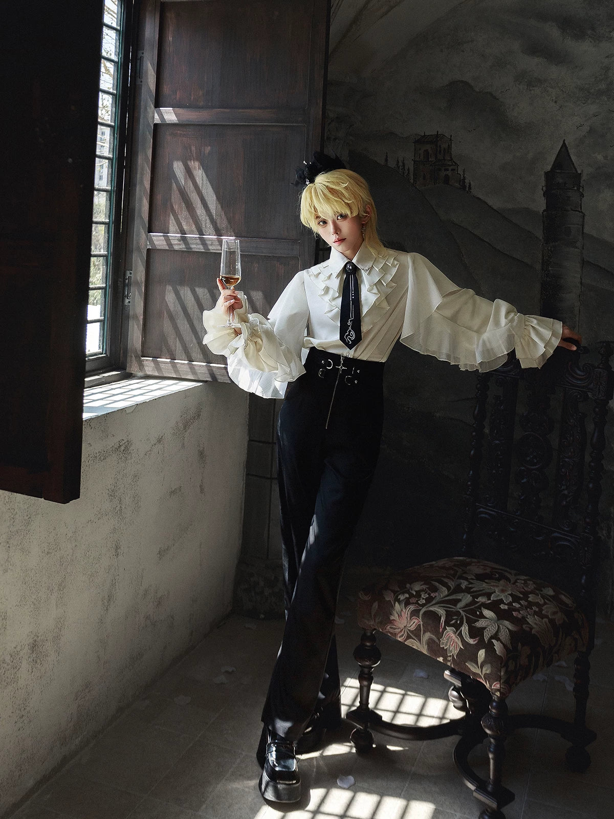 Hidden Crow - Ouji Lolita Cloak & Pants Suit, Silver-Thread Embroidery 46041:873242