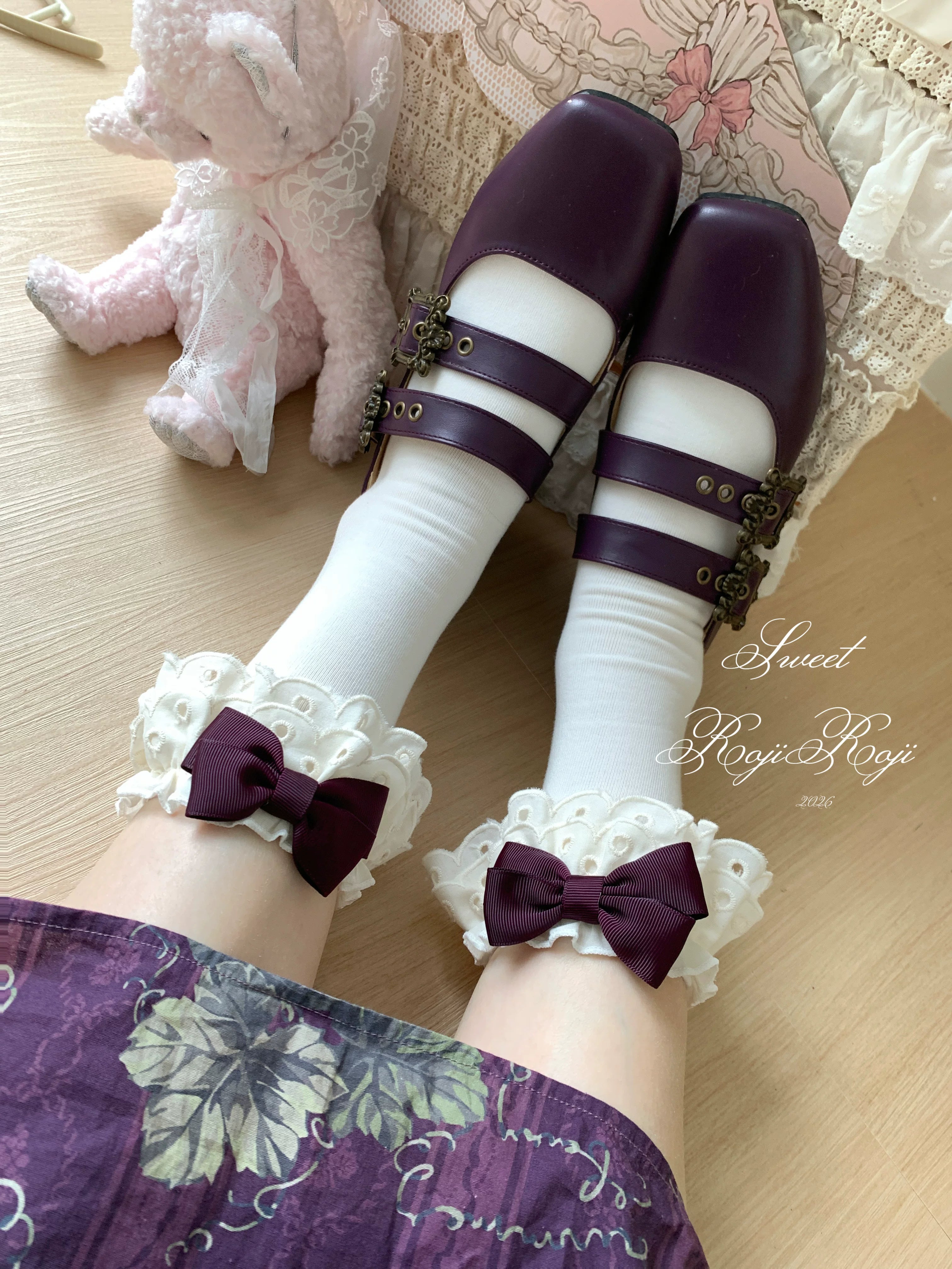 Cotton Classic Lolita Calf Socks, Double Layer Trim & Bow 45730:859926