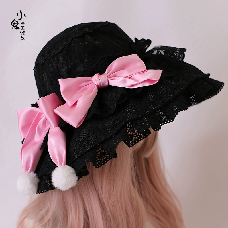 Xiaogui - Retro Lolita Hat Lace Handmade Doll Hat with Multicolor Bows One Size black hat with rose pink bow