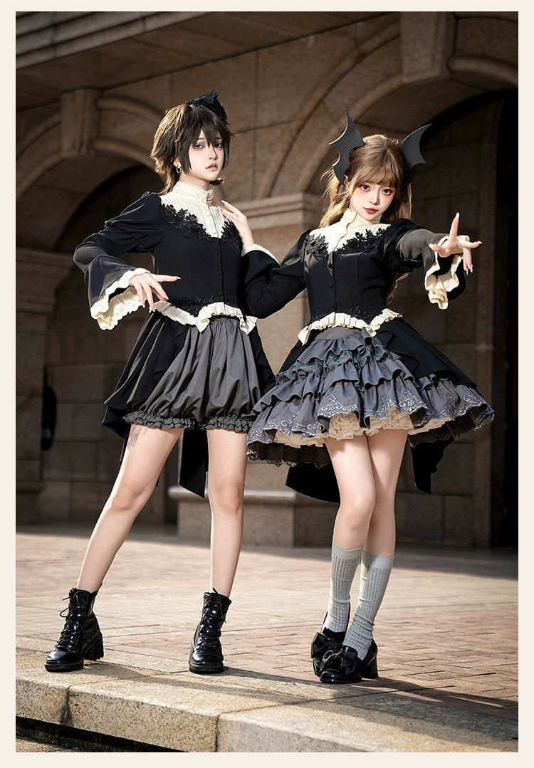 With PUJI - Night Feast - Gothic Lolita Suit Ouji Lolita Tailcoat Tiered Skirt Shorts