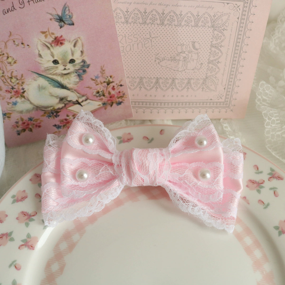 Creamy Bubbles - Sweet Lolita Hair Clip Pink Lace Bow Hair Clip and Brooch Handmade a double-layered pearl hair clip