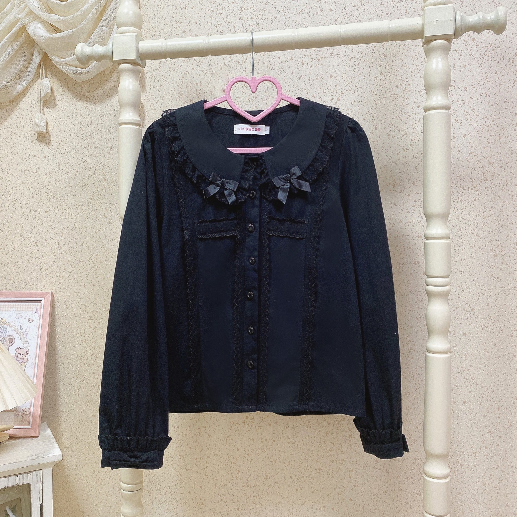 MIST - Grace Deer - Sweet Lolita Blouse with Peter Pan Collar and Long Sleeves Black - Thin Version S