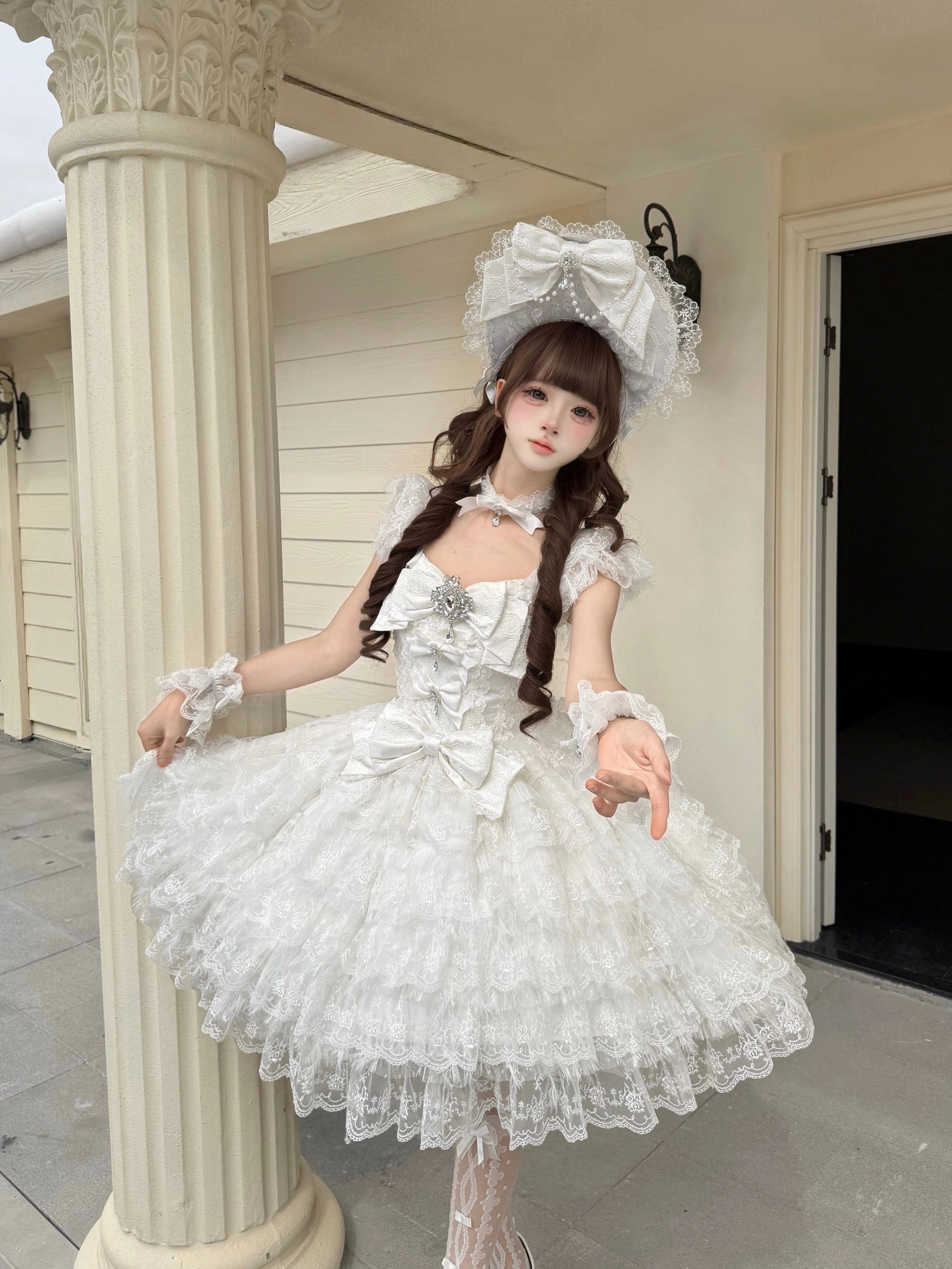 Sugar Girl - Snow Feather - Wedding Sweet Lolita JSK Dress, Multi-layered Lace Skirt 44125:797430