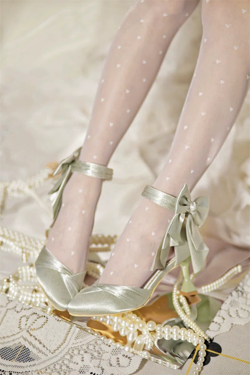 Coronation - Classic Lolita Wine Glass Shaped Heels Shoes, Detachable Bow Light Green 34