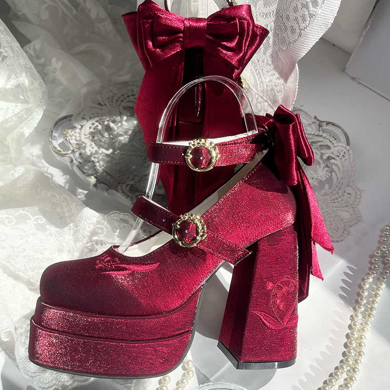 Dreamland - Floating Dream Lily - Elegant Lolita High Heel Shoes, Detachable Bow (34 35 36 37 38 39 40 41 / Burgundy) 39502:621992