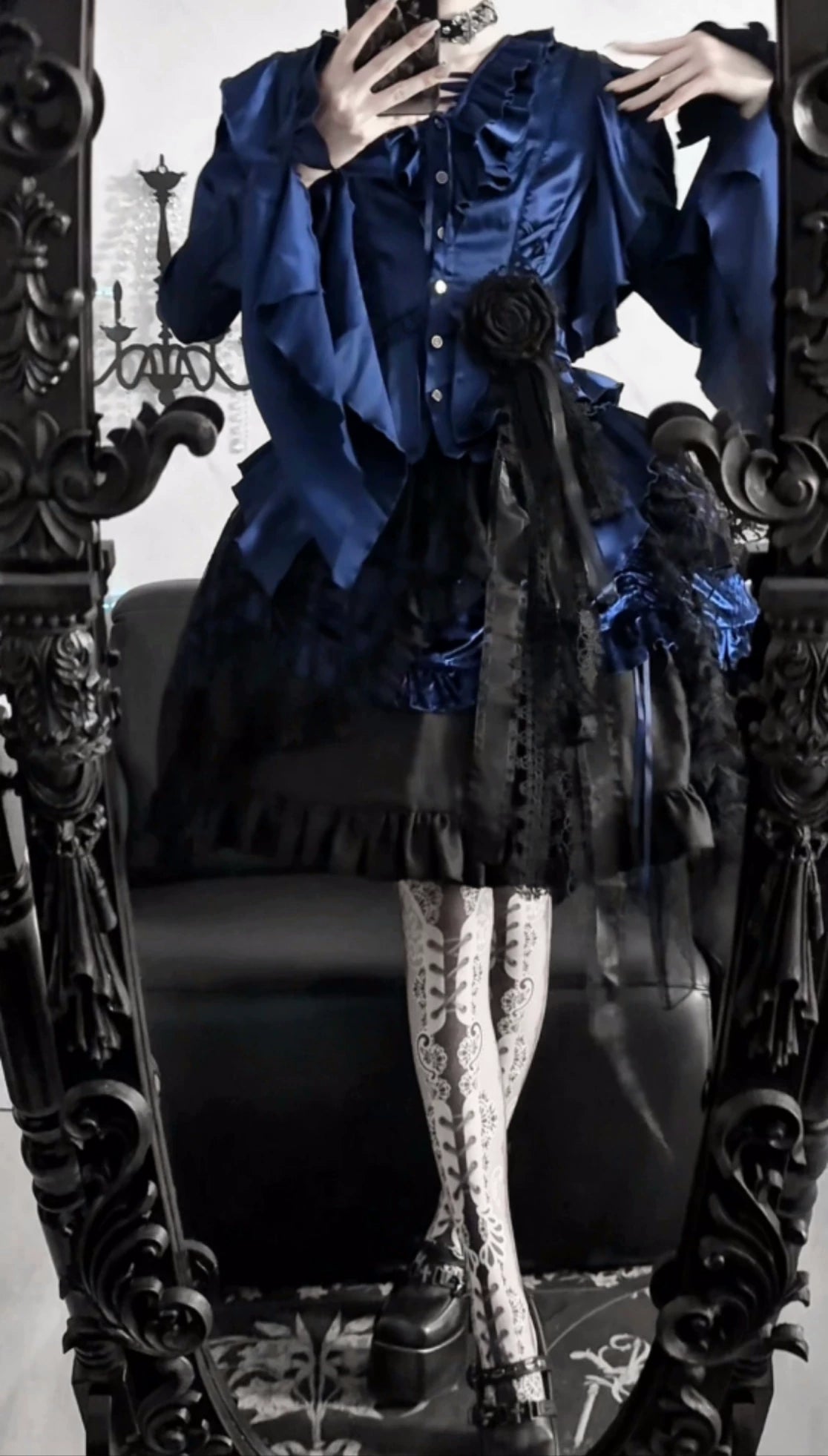 Abyssal Echo - Mermaid Inspired Ouji Lolita Shirt & Side Zipper SK Dress 44434:809267