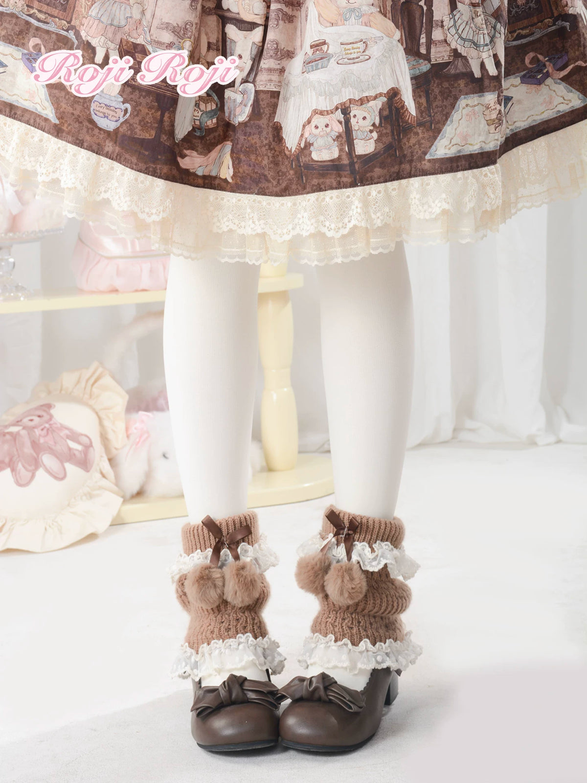 Autumn and Winter Sweet Lolita Leg Warmers, Lace Ruffle & Bow Yellow Brown