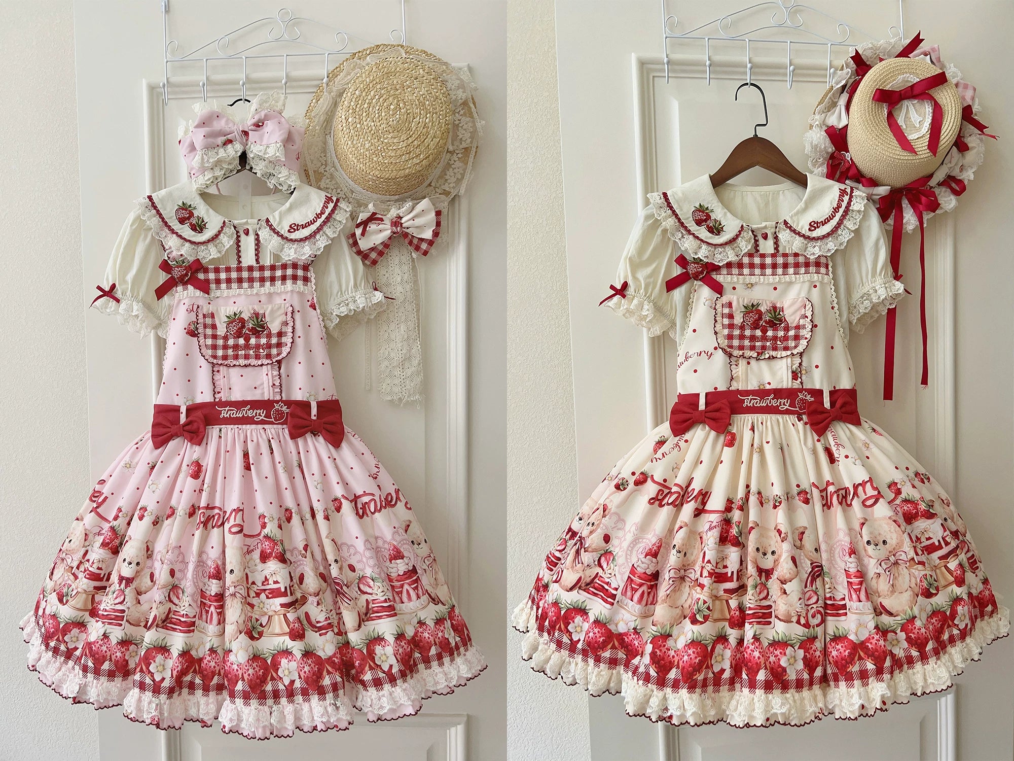 Velvet Strawberry - Sweet Lolita Salopette Dress, Bear & Strawberry Print