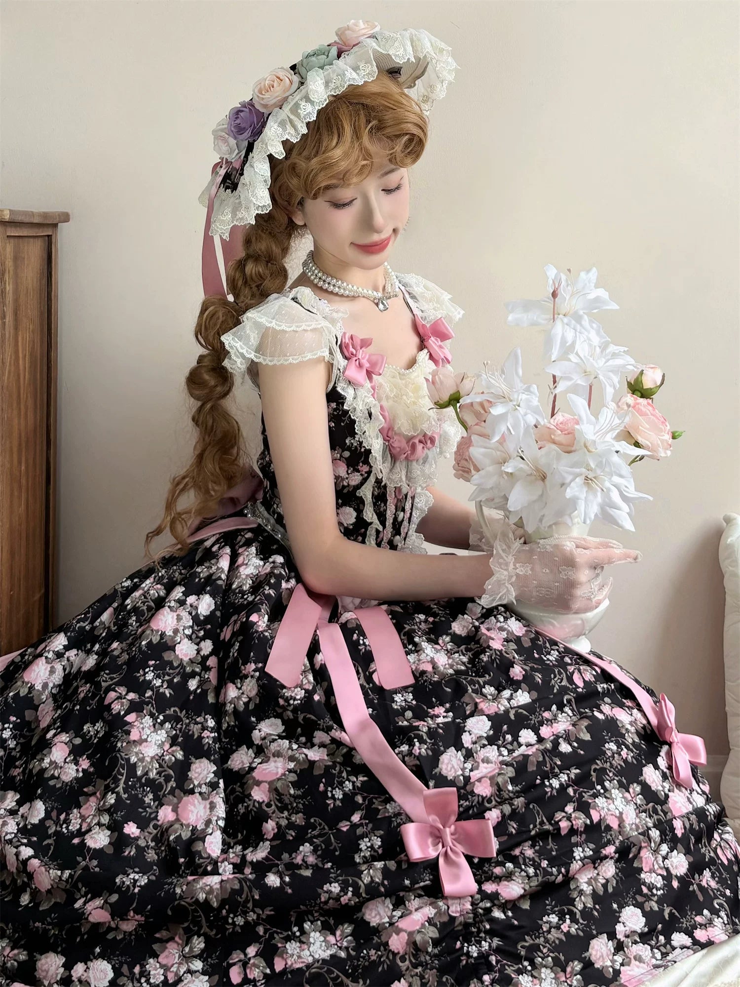 Dolota Flower Wall - Classic Lolita Floral OP Dress, Open Shoulder 44485:811152