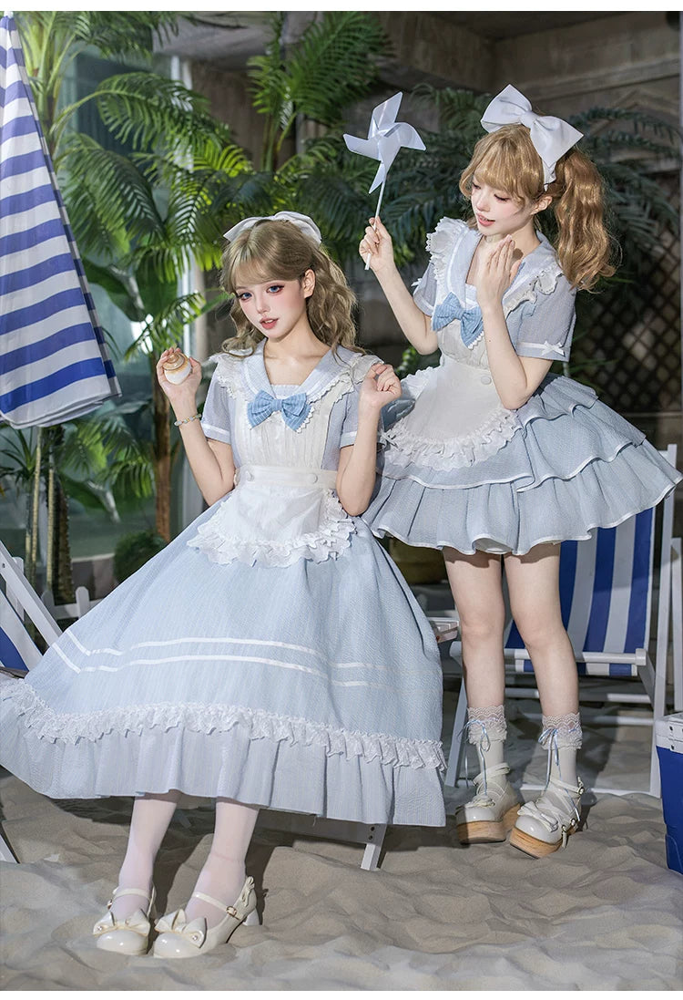 Seven-Day Bell - Blue Classic Lolita Striped OP Dress, Sailor Collar