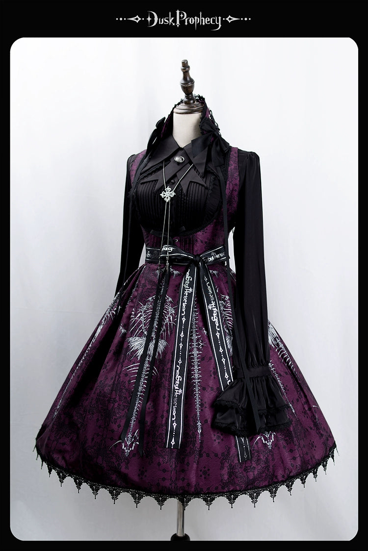DuskProphecy - Coccyx - Elegant Lolita Dress High Waist Fishbone Print JSK Set 34722:466550
