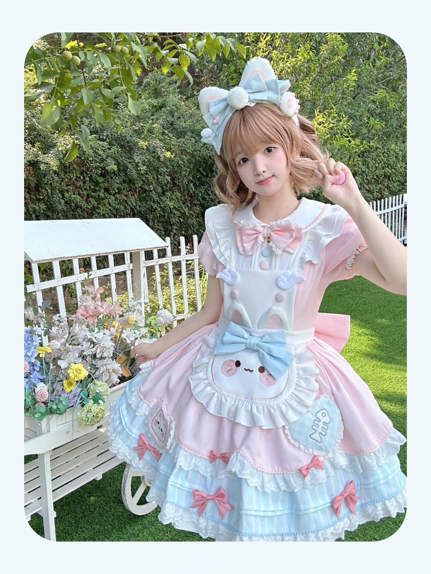 Jiuli Lolita - Nine Meow Bunny - Sweet Lolita Bunny Apron OP Dress, Back Zipper 44098:795726