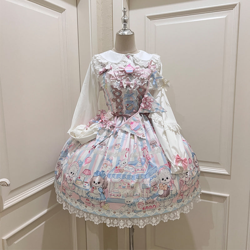 open lace back dress Kawaii Lolita JSK Puppy Printed Dress with Sash