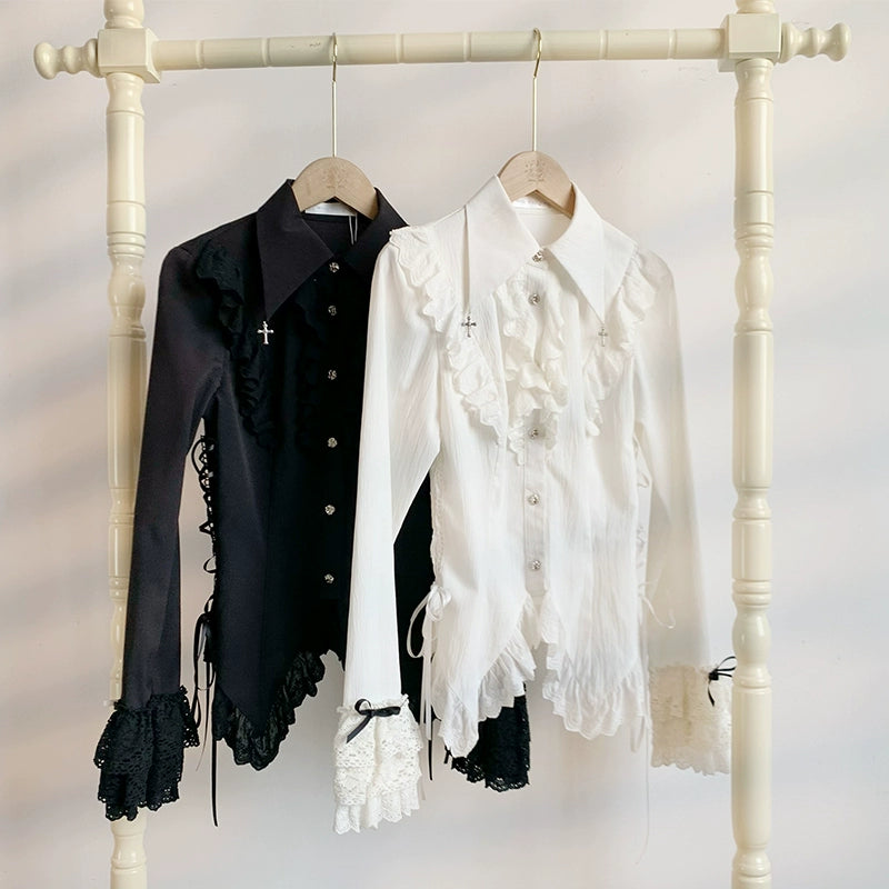 With PUJI - Black White Gothic Lolita Blouse, Waist Lace-Up