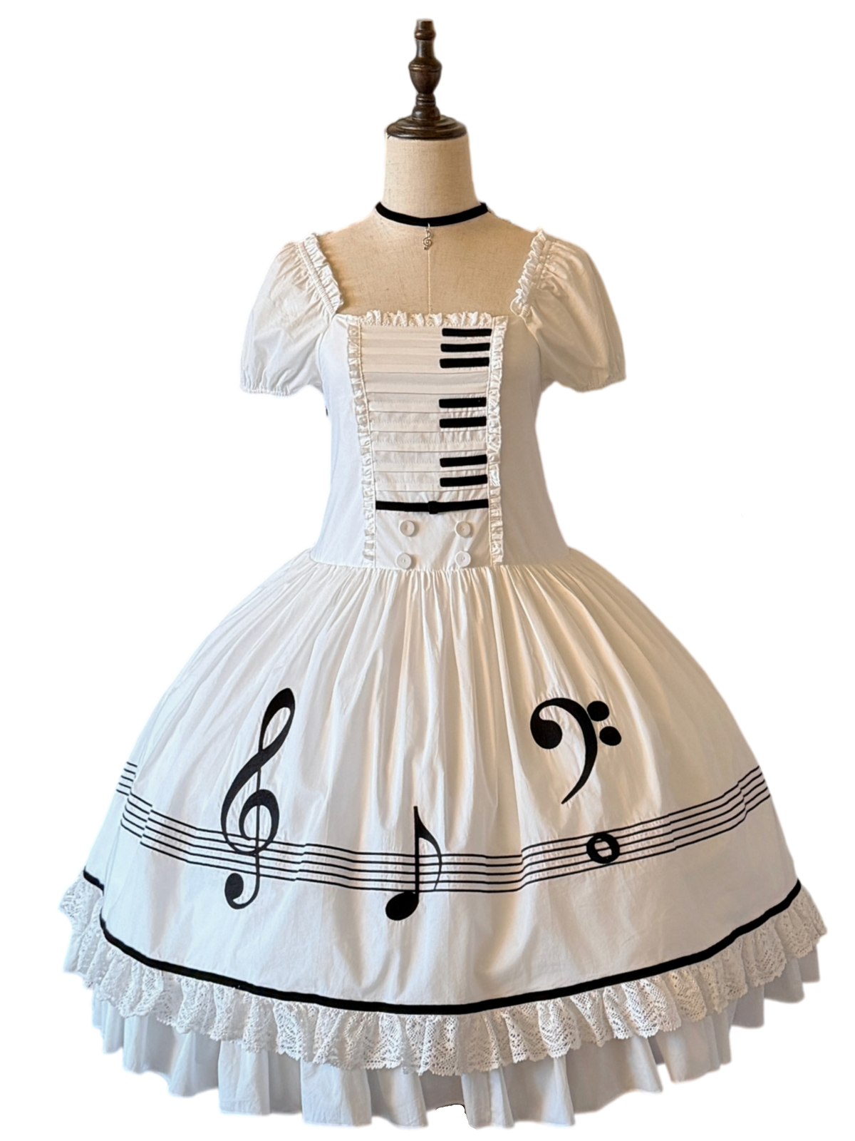 Piano's Letter - Cotton Old School Lolita OP Dress Set, Piano Note Embroidery (2XL L M S XL) 46029:873013