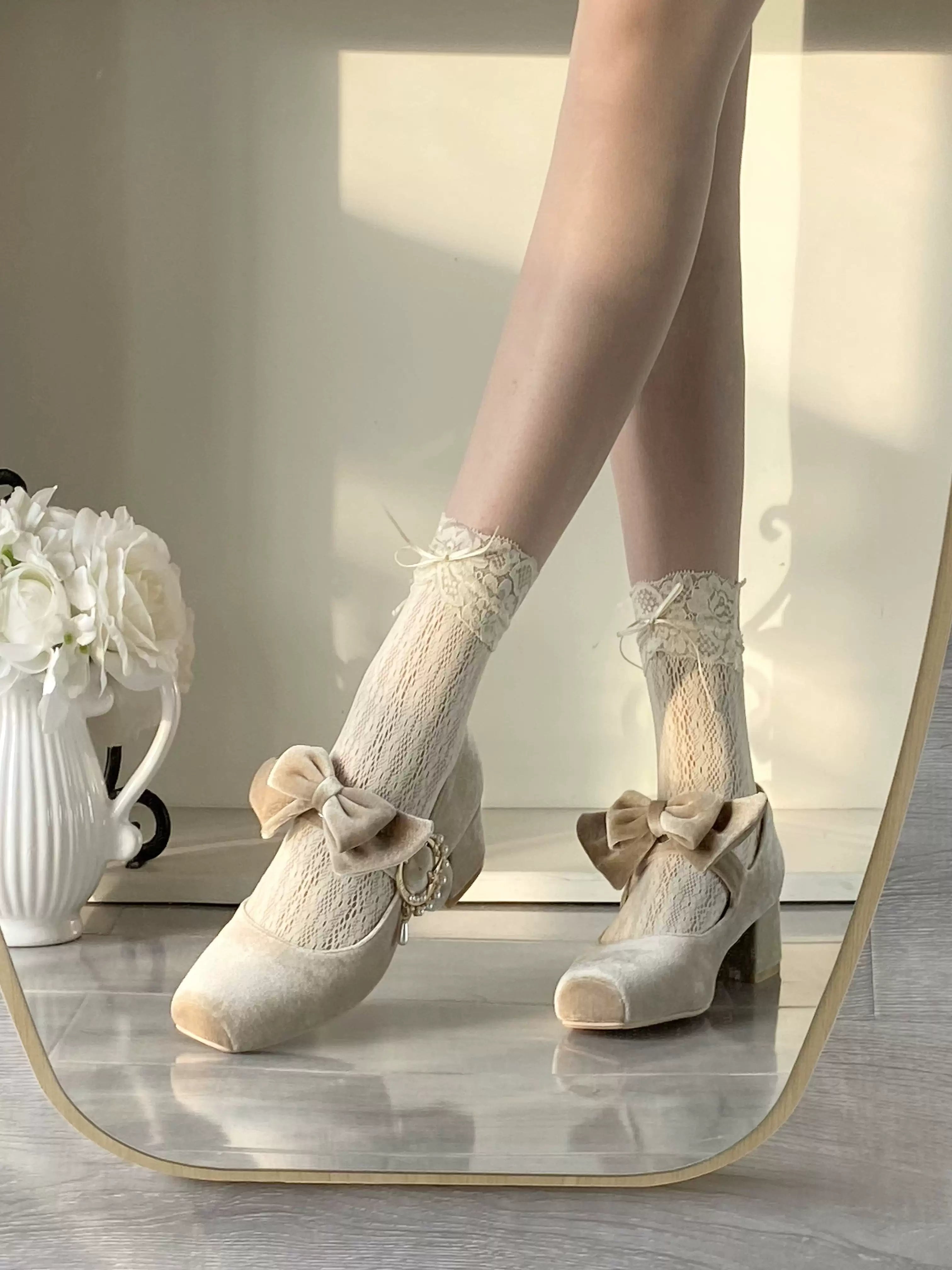 Pure tea for dream - Angel Velvet - Sweet Lolita Shoes Mid-heel Velvet Shoes 34 Champagne