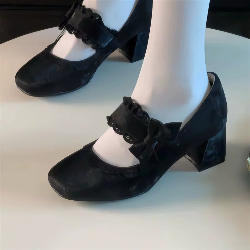 Heidi Manor - Classic Lolita Chunky Heels Shoes, Cutout Trims 44499:812268