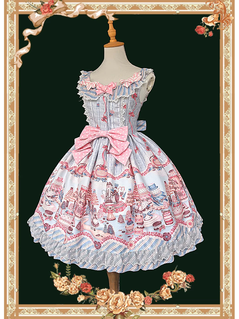 Candy House - Old School Lolita Cake Print JSK Dress, Side Zipper