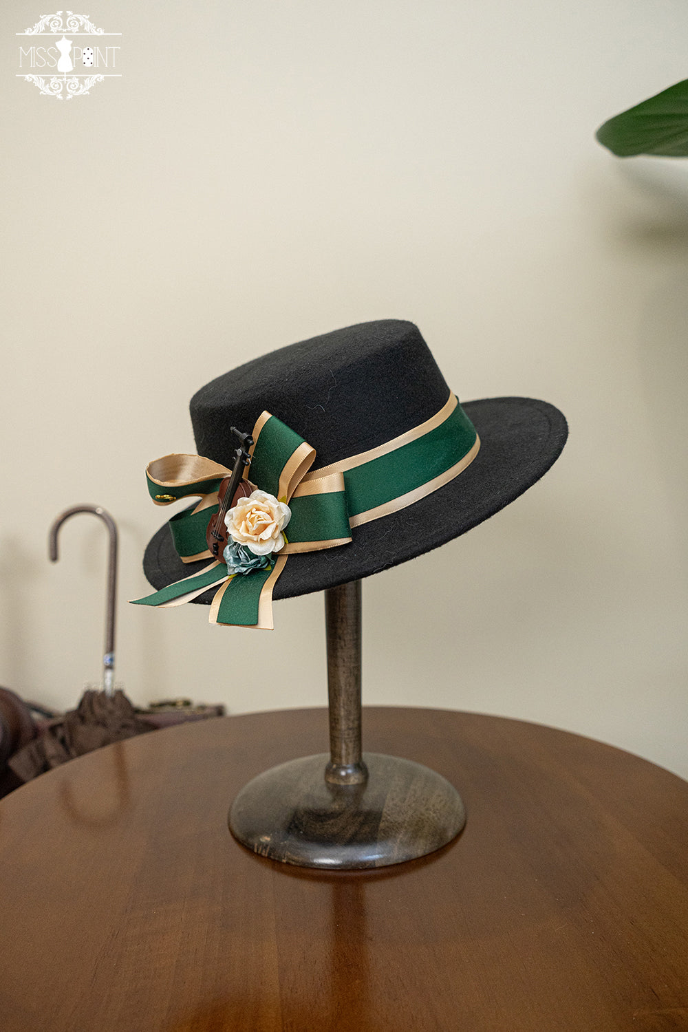 Miss Point - Elegant Lolita Top Hat - Golden Movement Lolita Hat Black large hat - green bow tie