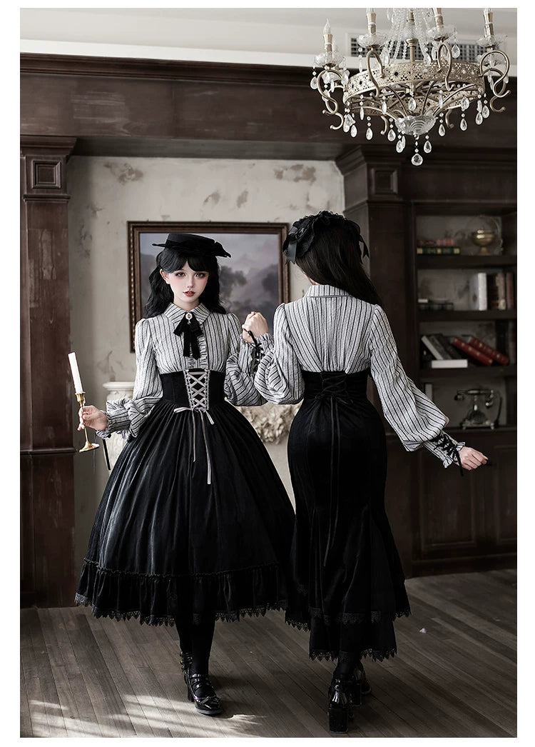 Dusk Moment - Classic Lolita Striped OP & Mermaid Dress Set, Fishbone Waist 44498:810670