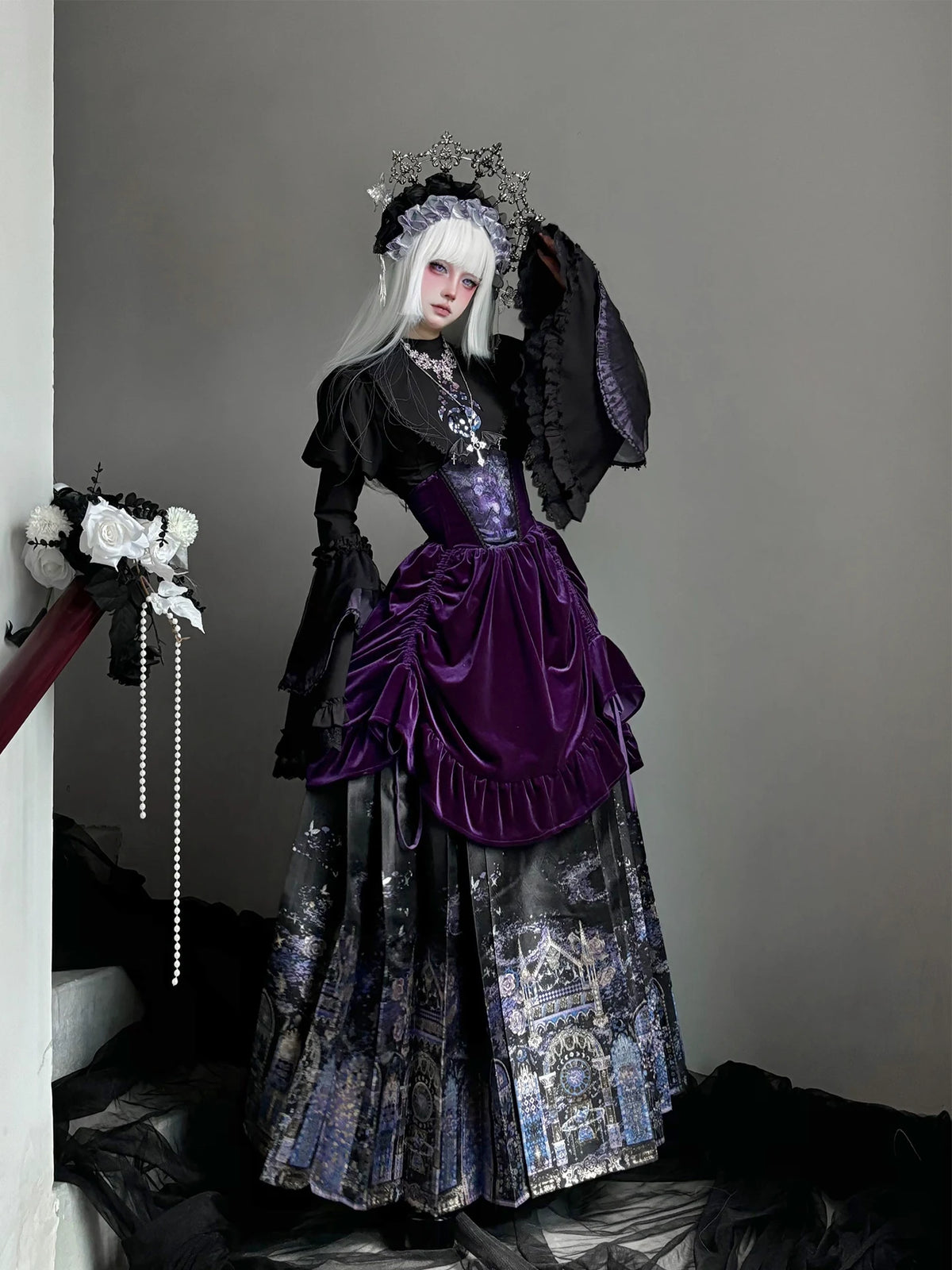 Stellar Orbit Cathedral - Gothic Lolita Hime Sleeve Blouse & Corset & Mamian Skirt Set 45901:867227