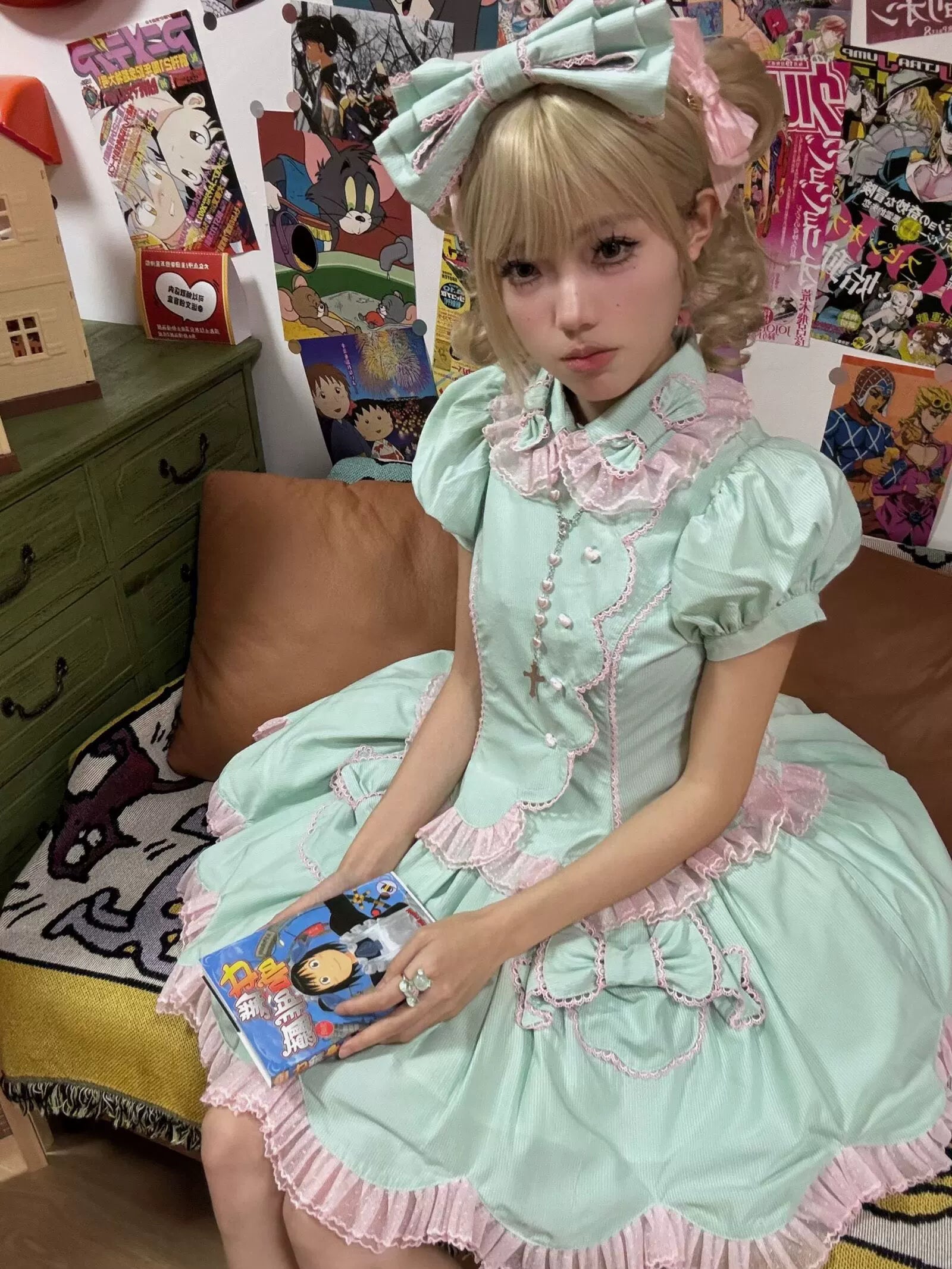 Summer Soda - Old School Lolita Mint Green SK Suit, Petal Hem & Bow Mint Green Blouse (Bundle with skirt Only) S