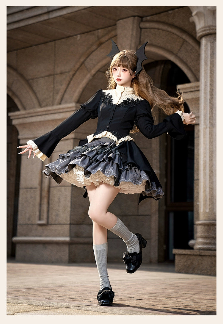 With PUJI - Night Feast - Gothic Lolita Suit Ouji Lolita Tailcoat Tiered Skirt Shorts