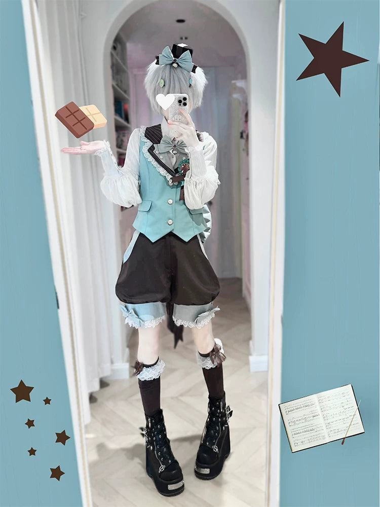Candy Shop - Mint-chocolate Ouji Lolita Vest, Blouse and Shorts Outfit 45771:861860