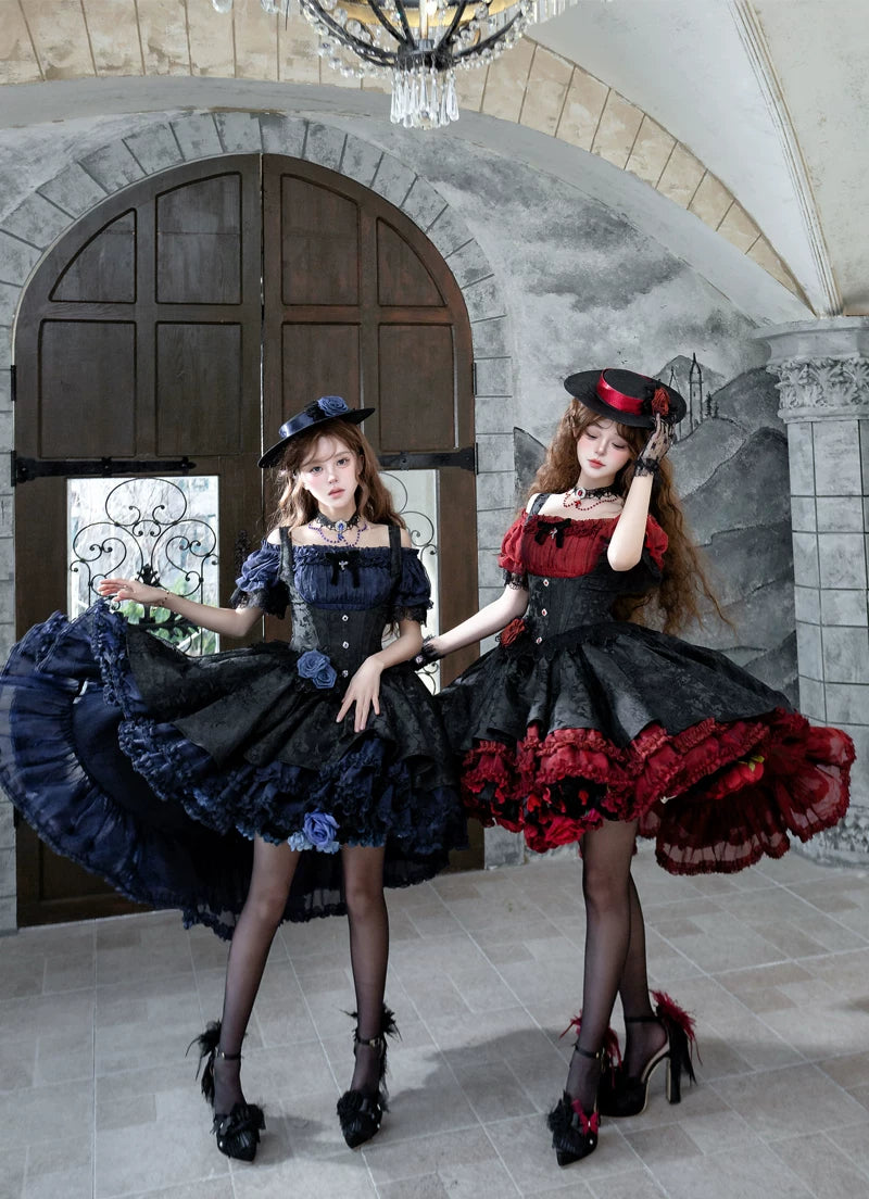 Rose Banquet - Gothic Lolita Boned Bust-supporting JSK Dress, High-low Hem 45815:863609