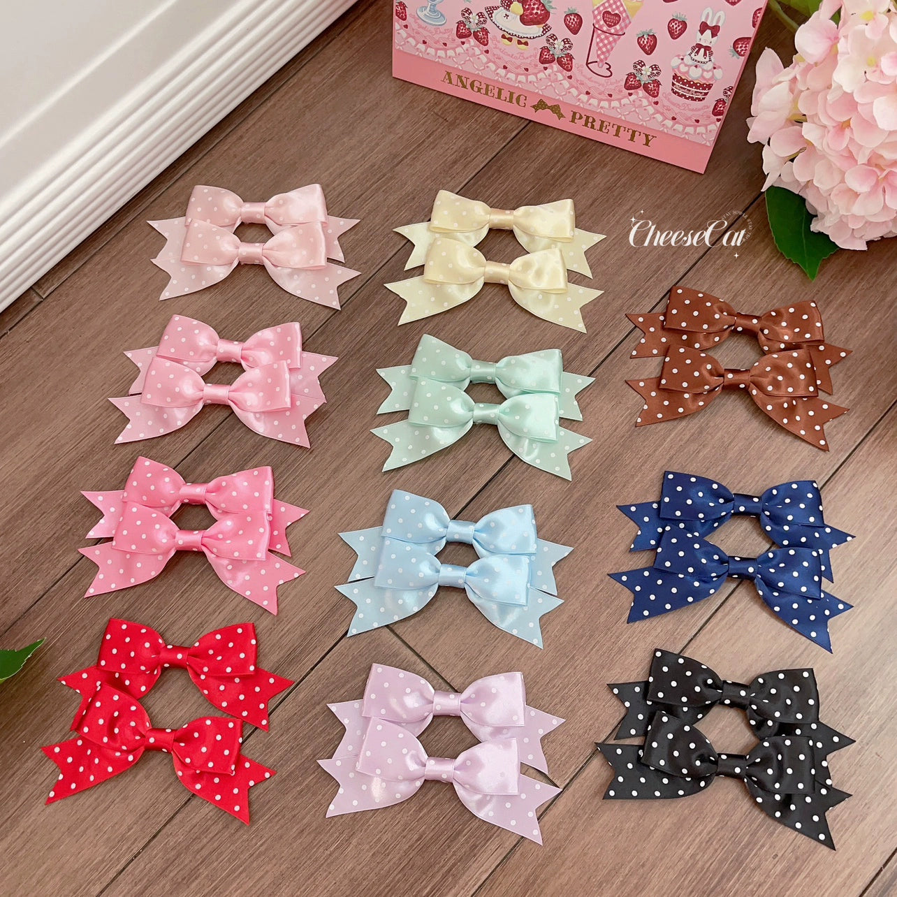 Cheese Cat - Kawaii Lolita Hair Clip Polka Dot Ribbon Bow Clips a cream yellow hair clip