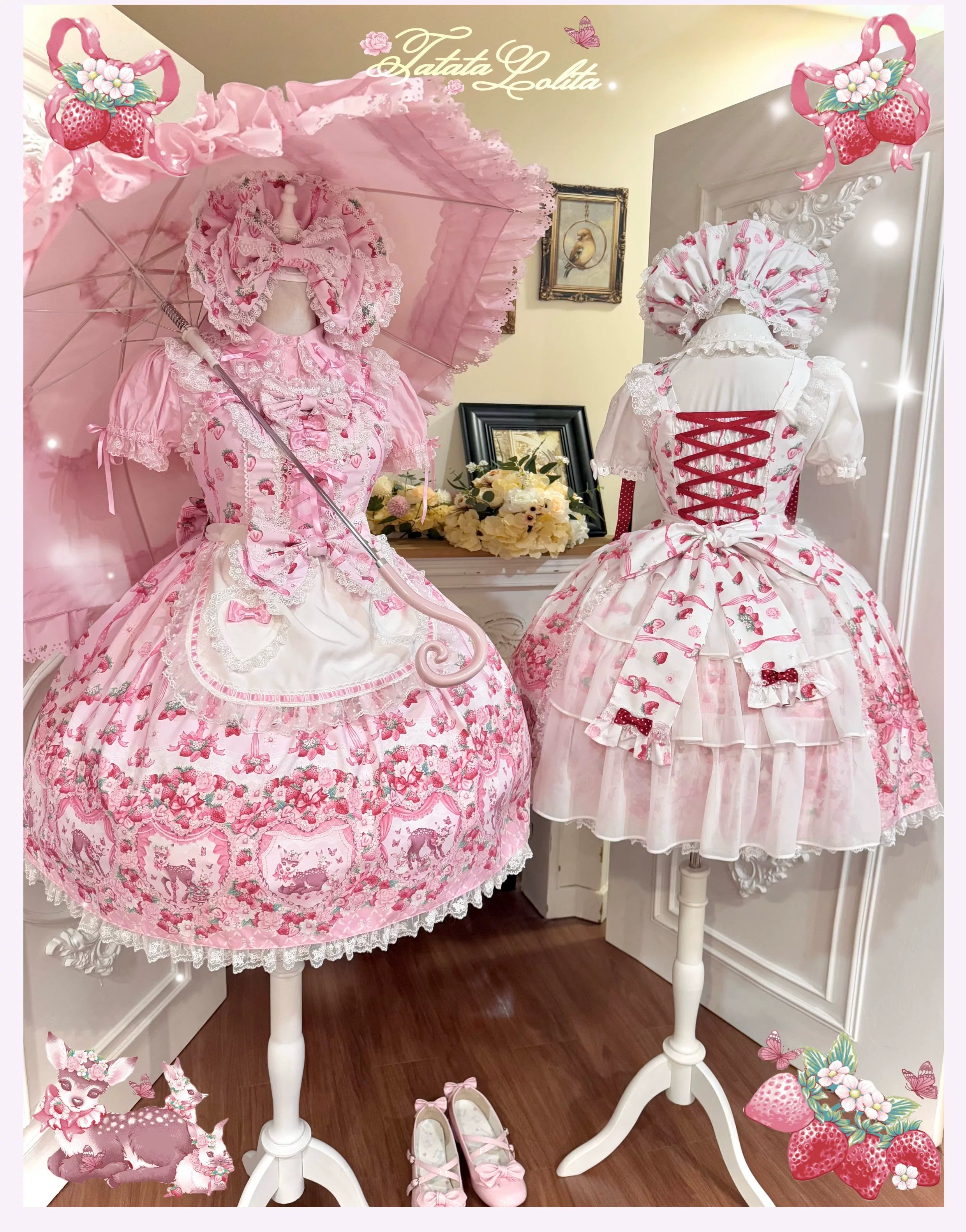 Deer Strawberry Garden - Old School Lolita Deer & Strawberry Printed JSK Dress 45681:860566